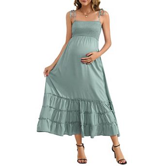Sleeveless Maternity Dress Women's Summer Spaghetti Strap Smocked Tiered Flowy Maxi Dress