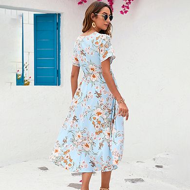 Maternity Dress For Women Cross V Neck Wrap Lanterntie High Waist A-line Flowy With Belt Dress