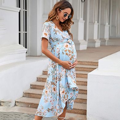 Maternity Dress For Women Cross V Neck Wrap Lanterntie High Waist A-line Flowy With Belt Dress