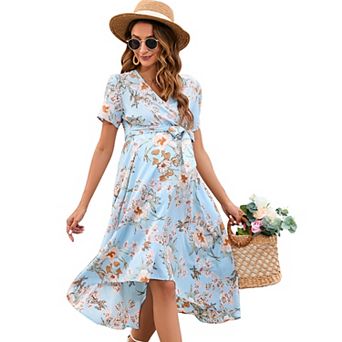 Maternity Dress For Women Cross V Neck Wrap Lanterntie High Waist A-line Flowy With Belt Dress