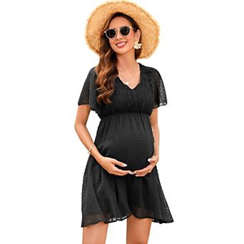 Women's Maternity Dress V Neck Short Sleeve Swiss Polka Dot Midi Dress Summer Casual A Line Dress