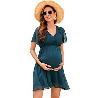 Women's Maternity Dress V Neck Short Sleeve Swiss Polka Dot Midi Dress Summer Casual A Line Dress
