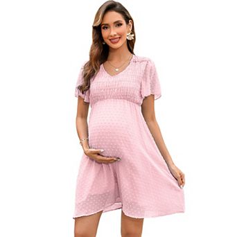 Women's Maternity Dress V Neck Short Sleeve Swiss Polka Dot Midi Dress Summer Casual A Line Dress
