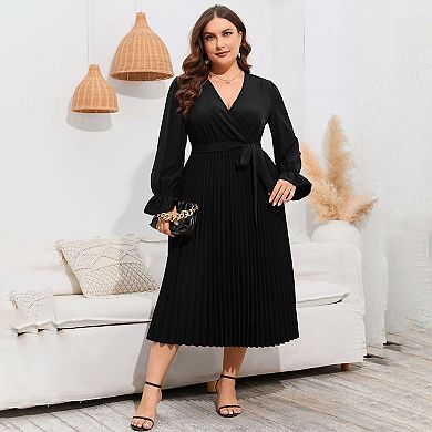 Women's Wrap V Neck Pleated Hem Dress Ruffle Elegant Casual, Solid Black Long Sleeves