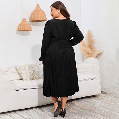Women's Wrap V Neck Pleated Hem Dress Ruffle Elegant Casual, Solid Black Long Sleeves