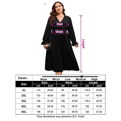 Women's Wrap V Neck Pleated Hem Dress Ruffle Elegant Casual, Solid Black Long Sleeves