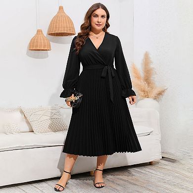 Women's Wrap V Neck Pleated Hem Dress Ruffle Elegant Casual, Solid Black Long Sleeves
