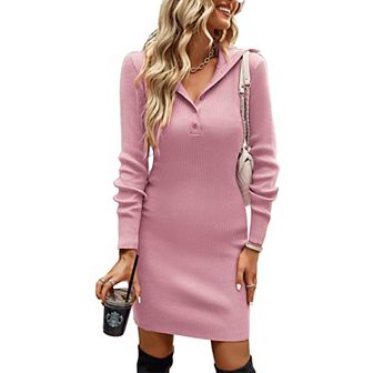 Women Casual V Neck Knit Mini Fall Sweater Dresses Long Sleeve Loose Fit Ribbed Pullover Sweaters