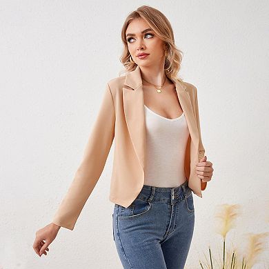 Women's Button Cardigan Cropped Blazer Business Casual Jacket with Lapel Neck Long Sleeve Angled Hem