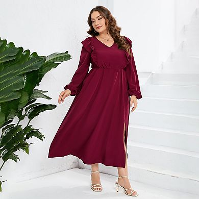 Women's Plus Size Fall Dress with Pocket Ruffle Cap Long Sleeves V Neck Side Split Long Maxi Dress