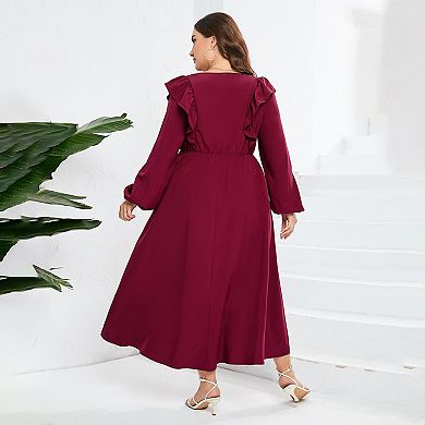 Women's Plus Size Fall Dress with Pocket Ruffle Cap Long Sleeves V Neck Side Split Long Maxi Dress