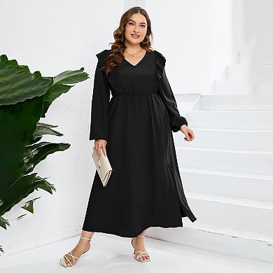Women's Plus Size Fall Dress with Pocket Ruffle Cap Long Sleeves V Neck Side Split Long Maxi Dress
