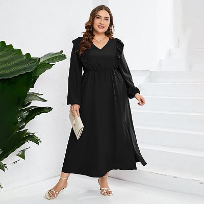 Women s Plus Size Fall Dress with Pocket Ruffle Cap Long Sleeves V Neck Side Split Long