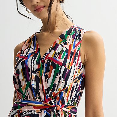 Petite Sandra Darren Surplice Printed Sleeveless Chiffon Pleated Dress
