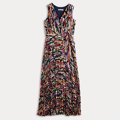 Petite Sandra Darren Surplice Printed Sleeveless Chiffon Pleated Dress