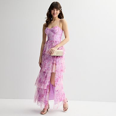 Juniors' Spilling Tea Tiered Printed Mesh Dress
