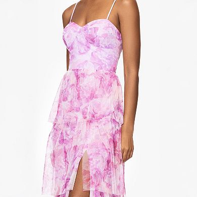Juniors' Spilling Tea Tiered Printed Mesh Dress