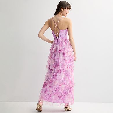 Juniors' Spilling Tea Tiered Printed Mesh Dress