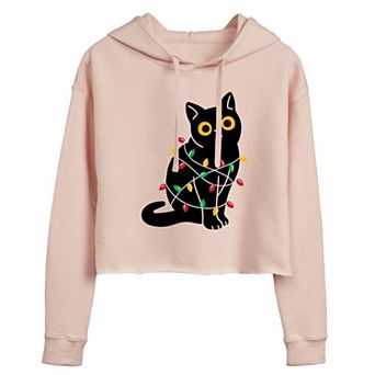 Juniors' Cat Wrapped In Christmas Lights Cropped Hoodie