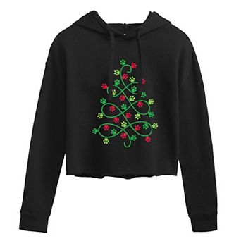 Juniors' Paw Print Christmas Tree Cropped Hoodie