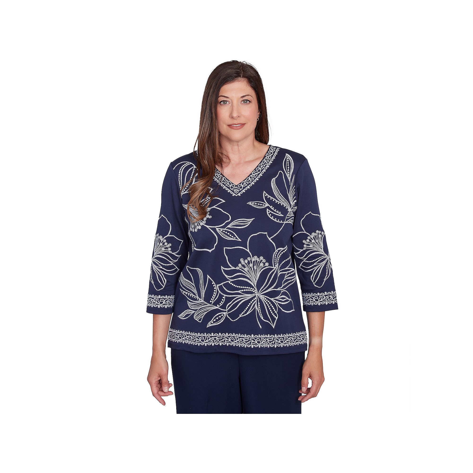 Petite Alfred Dunner Dynamic Floral Embroidered V-Neck Top, Womens, Size: 