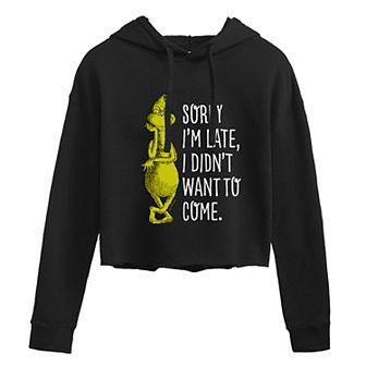 Juniors' Dr. Seuss Grinch Sorry I'm Late Cropped Hoodie