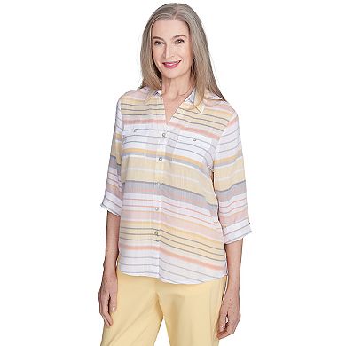 Petite Alfred Dunner Button Down Striped Cuffed Sleeve Top