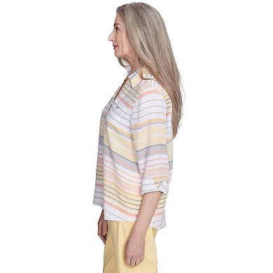 Petite Alfred Dunner Button Down Striped Cuffed Sleeve Top
