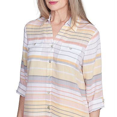 Petite Alfred Dunner Button Down Striped Cuffed Sleeve Top