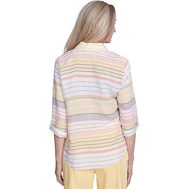 Petite Alfred Dunner Button Down Striped Cuffed Sleeve Top