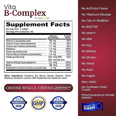 Vita B-Complex Plus Vitamin C By Signify Nature - Vit B1, B2, B3, B5, B6, B8, B9, B12 60 Softgels