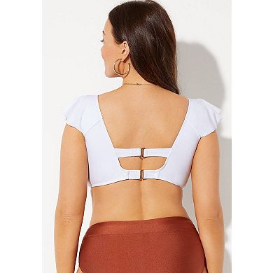 Swimsuits for All Women's Plus Size Tie Front Cup Sized Cap Sleeve Underwire Bikini Top