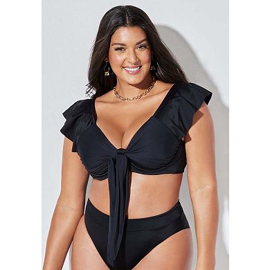 Swimsuits for All Women's Tie Front Cup Sized Cap Sleeve Underwire Bikini Top