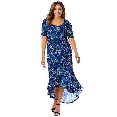 Jessica London Stretch Knit Flounce Hem Maxi Dress - 14 W, Dark Sapphire Playful Paisley