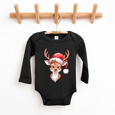 Cute Reindeer Head - Baby Long Sleeve Bodysuit