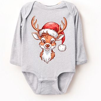 Cute Reindeer Head - Baby Long Sleeve Bodysuit