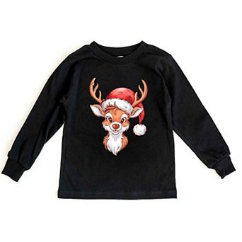 Cute Reindeer Head Youth Long Sleeve Graphic Tee
