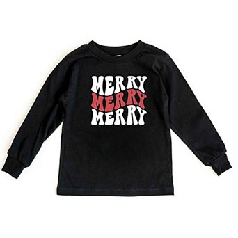 Merry Stacked Wavy Glitter Youth Long Sleeve Graphic Tee