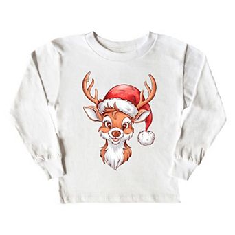 Cute Reindeer Head Toddler Long Sleeve Graphic Tee
