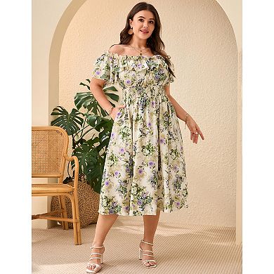 Women Plus Size Dress Off Shoulder Floral Print Shirred Square Neck Short Sleeve Dresses