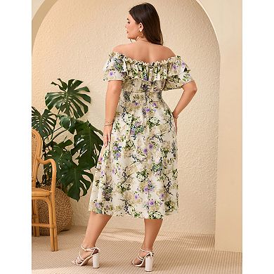Women Plus Size Dress Off Shoulder Floral Print Shirred Square Neck Short Sleeve Dresses