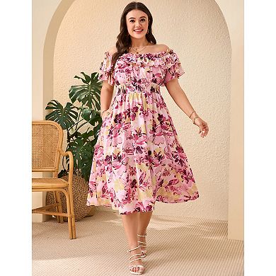 Women Plus Size Dress Off Shoulder Floral Print Shirred Square Neck Short Sleeve Dresses