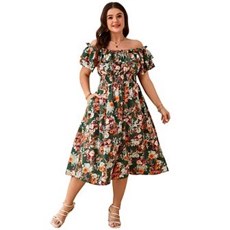 Women Plus Size Dress Off Shoulder Floral Print Shirred Square Neck Short Sleeve Dresses