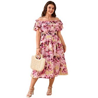 Women Plus Size Dress Off Shoulder Floral Print Shirred Square Neck Short Sleeve Dresses