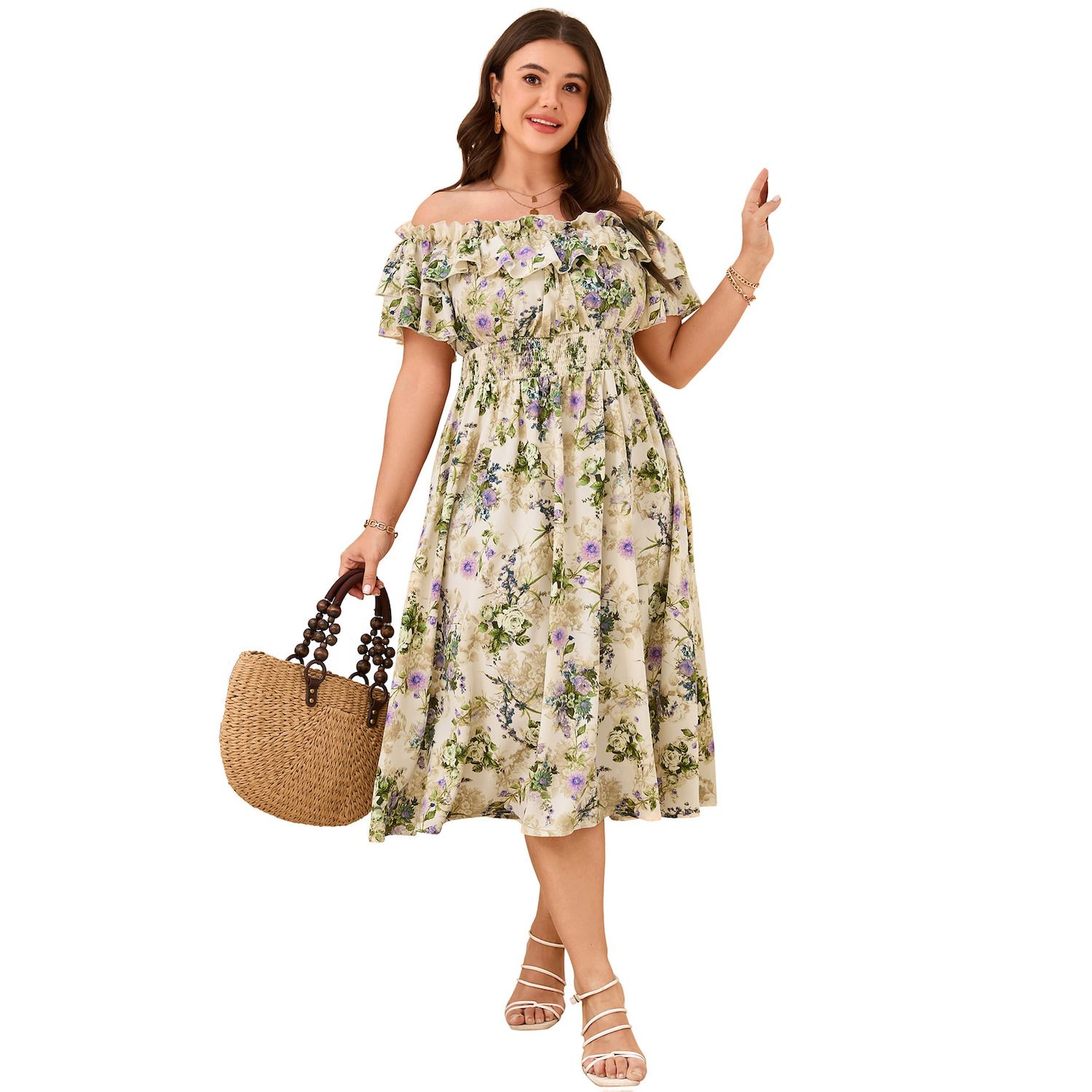 Women Plus Size Dress Off Shoulder Floral Print Shirred Square Neck Short  Sleeve Dresses