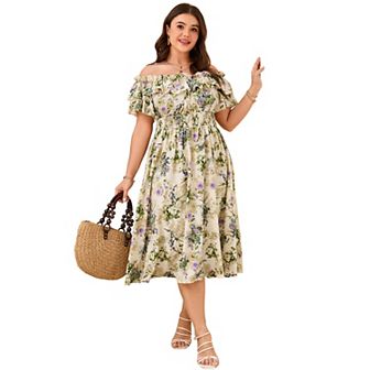 Women Plus Size Dress Off Shoulder Floral Print Shirred Square Neck Short Sleeve Dresses
