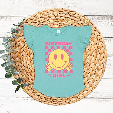 Birthday Girl Checkered Toddler Flutter Sleeve Graphic Tee