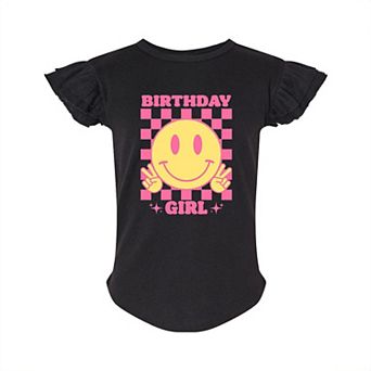 Birthday Girl Checkered Toddler Flutter Sleeve Graphic Tee