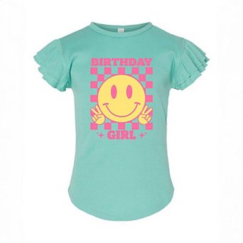 Birthday Girl Checkered Toddler Flutter Sleeve Graphic Tee