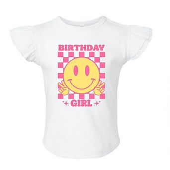 Birthday Girl Checkered Toddler Flutter Sleeve Graphic Tee